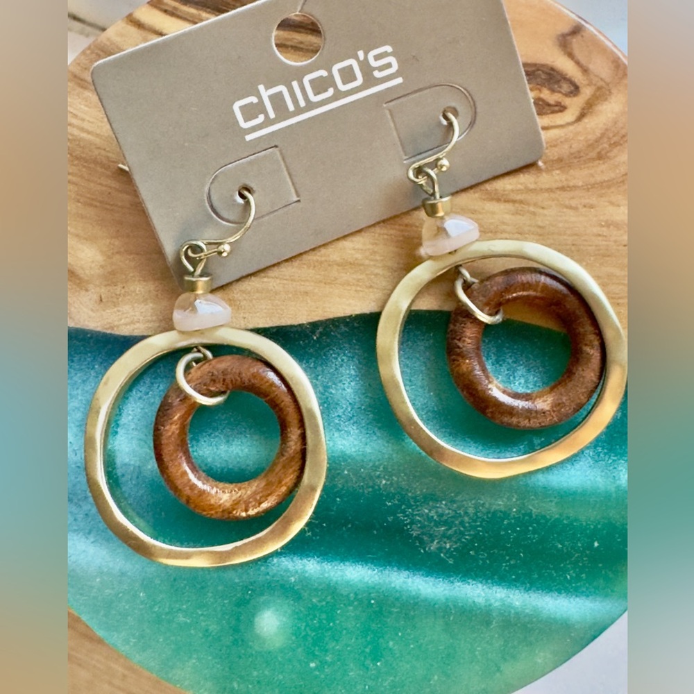 Chico's Silver hammered metal and Brown wood Hoop Earrings
